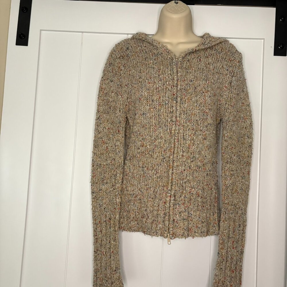 Vanity zip hooded sweater, beige with flecks of red blue orange & purple, M